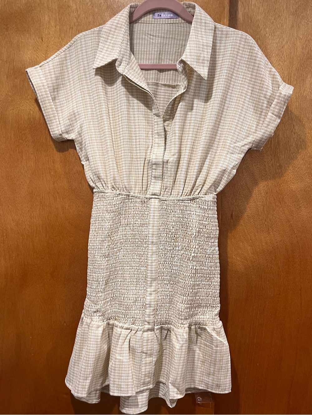 NWOT Lalavon Beige Shirred Waist Dress